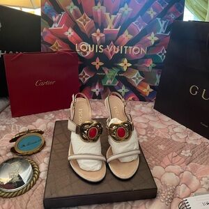 Escada White Strappy Sandals with Large Ornate Brass Buckle Size Size 39